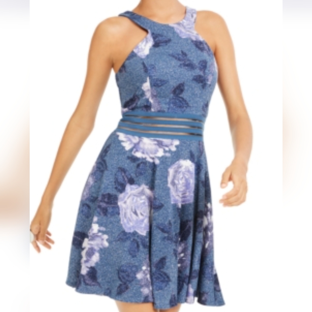 NWT CITY STUDIOS GLITTER Floral Blue Sleeveless Dress